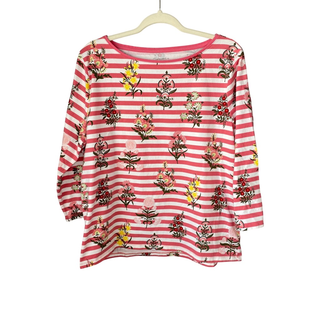 Talbots Pink White Striped Floral Boat Neck 3/4 Sleeve Cotton Blend Tee XL‎